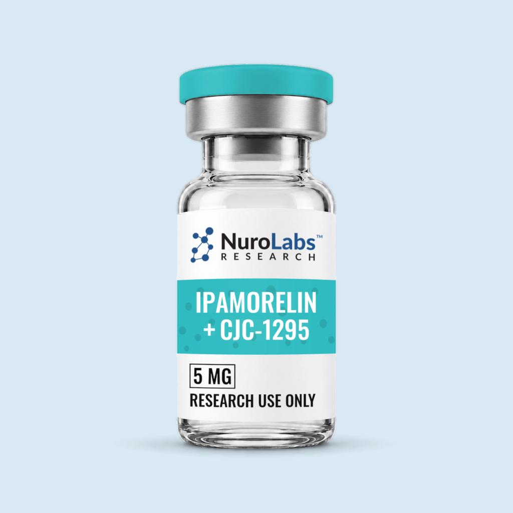NuroLabs Ipamorelin + CJC-1295 5 mg vial on a blue background
